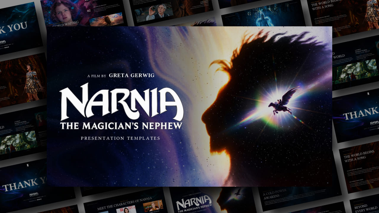 Narnia The Magician's Nephew Template - Cinematic cover slide with silhouette, Pegasus, and fantasy title