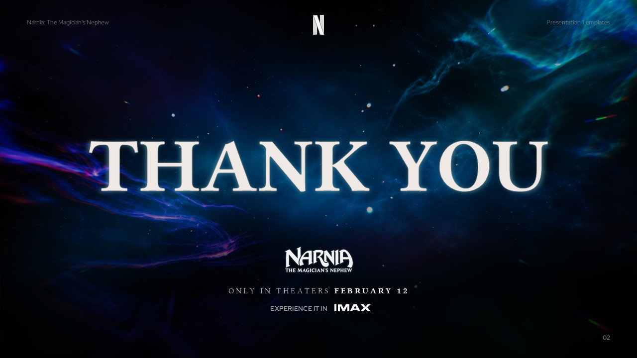 Narnia Thank You Template - Closing slide with cosmic nebula background, title logo, and release info