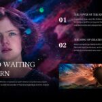 Narnia Template - Multi-point overview slide with Polly portrait, Aslan concept art, and numbered blocks