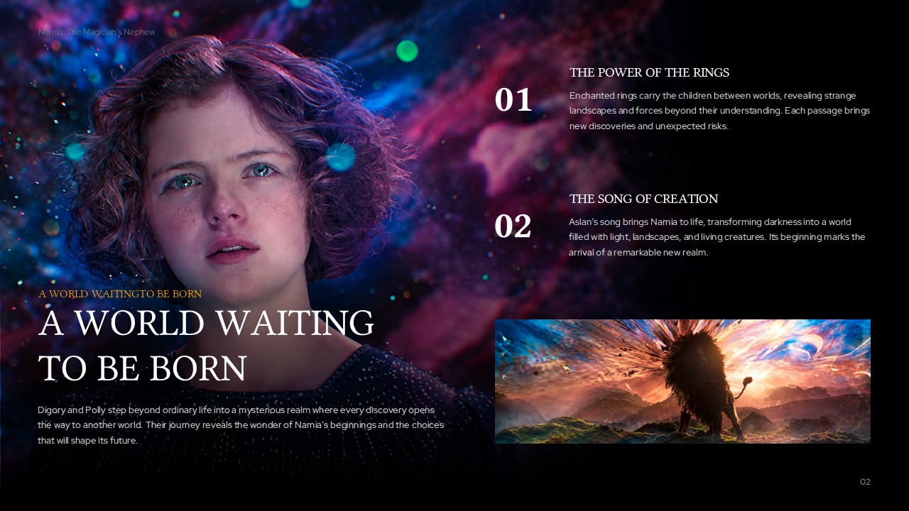 Narnia Template - Multi-point overview slide with Polly portrait, Aslan concept art, and numbered blocks