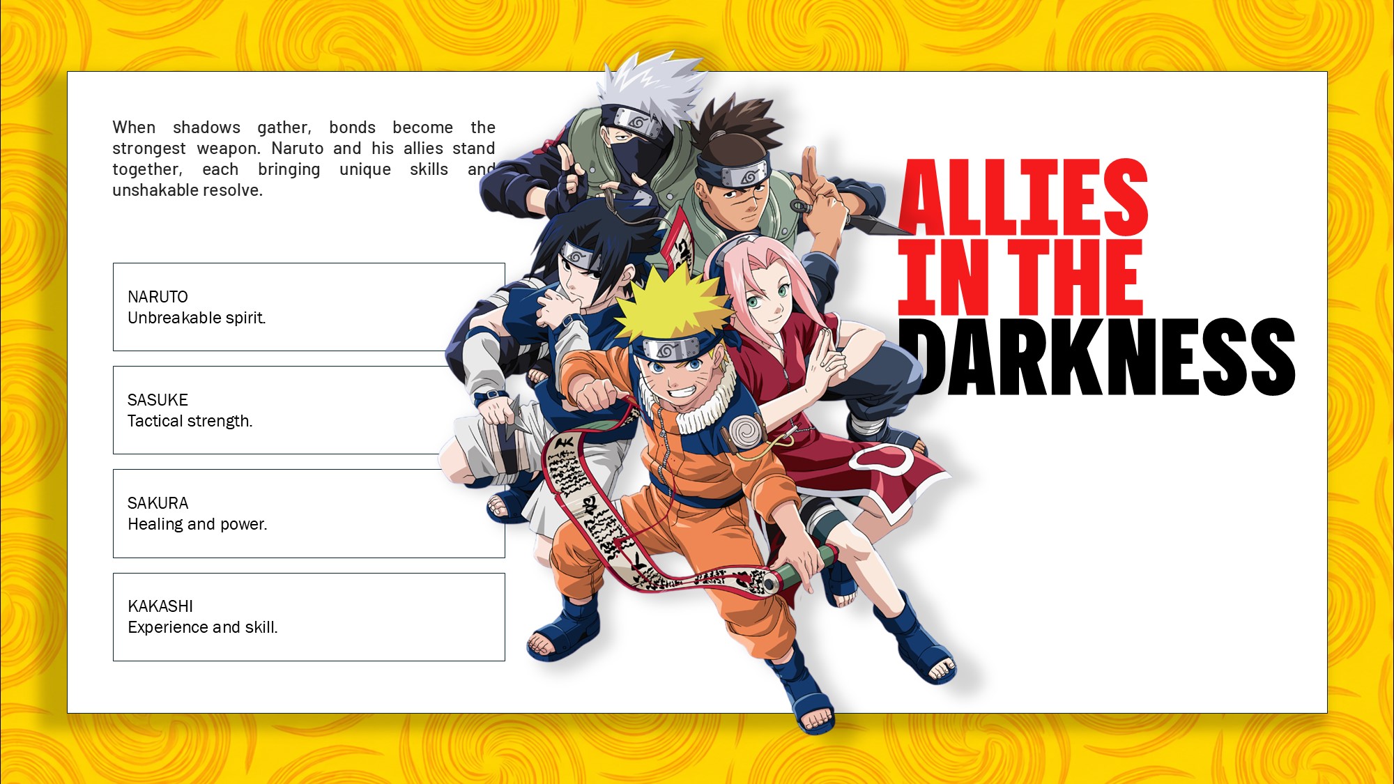 Naruto Shadow Rising - skills showcase slide with ability boxes