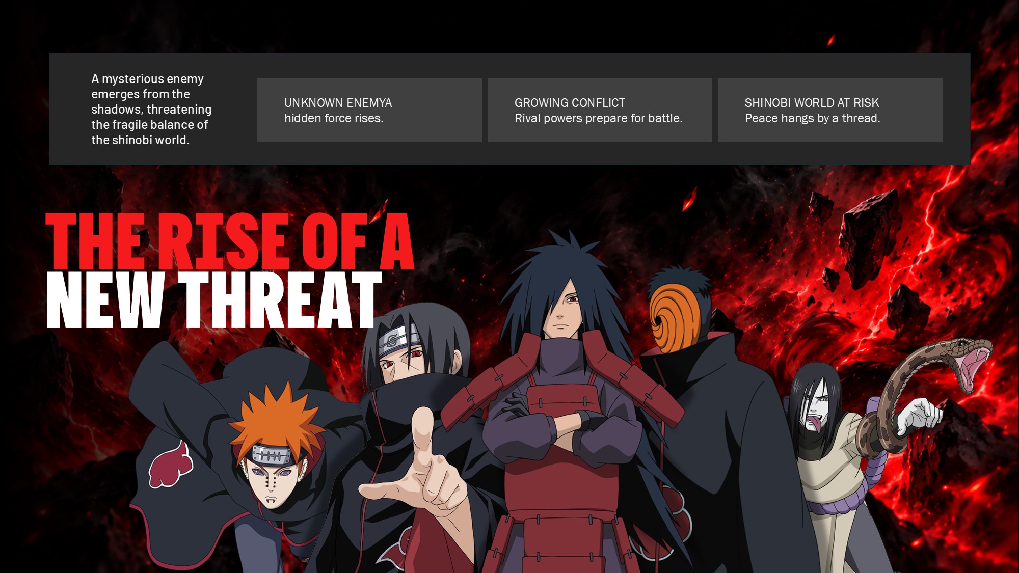 Naruto Shadow Rising - Team 7 roster slide on yellow swirl background