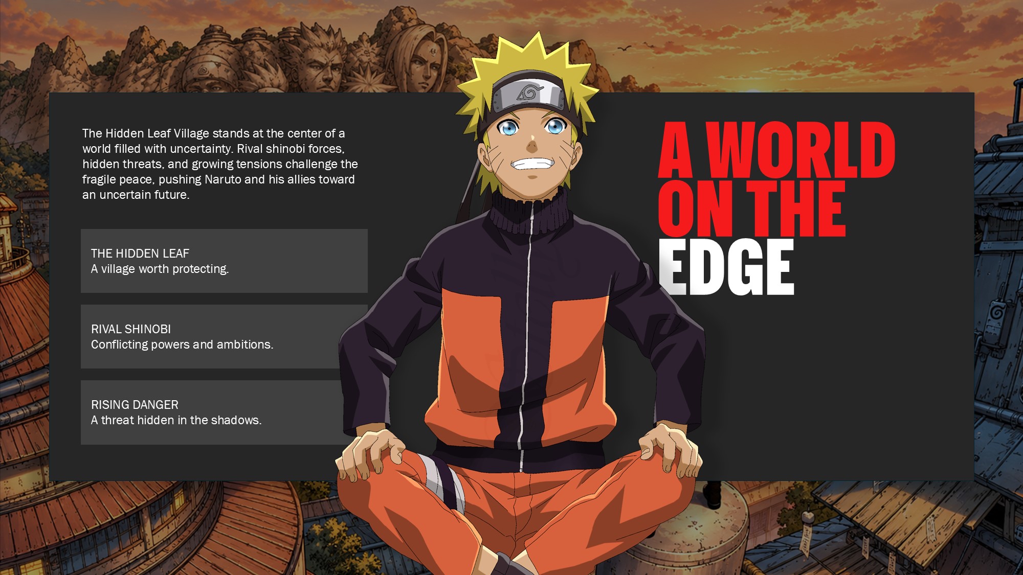 Naruto Shadow Rising - villain reveal slide with dark fiery background