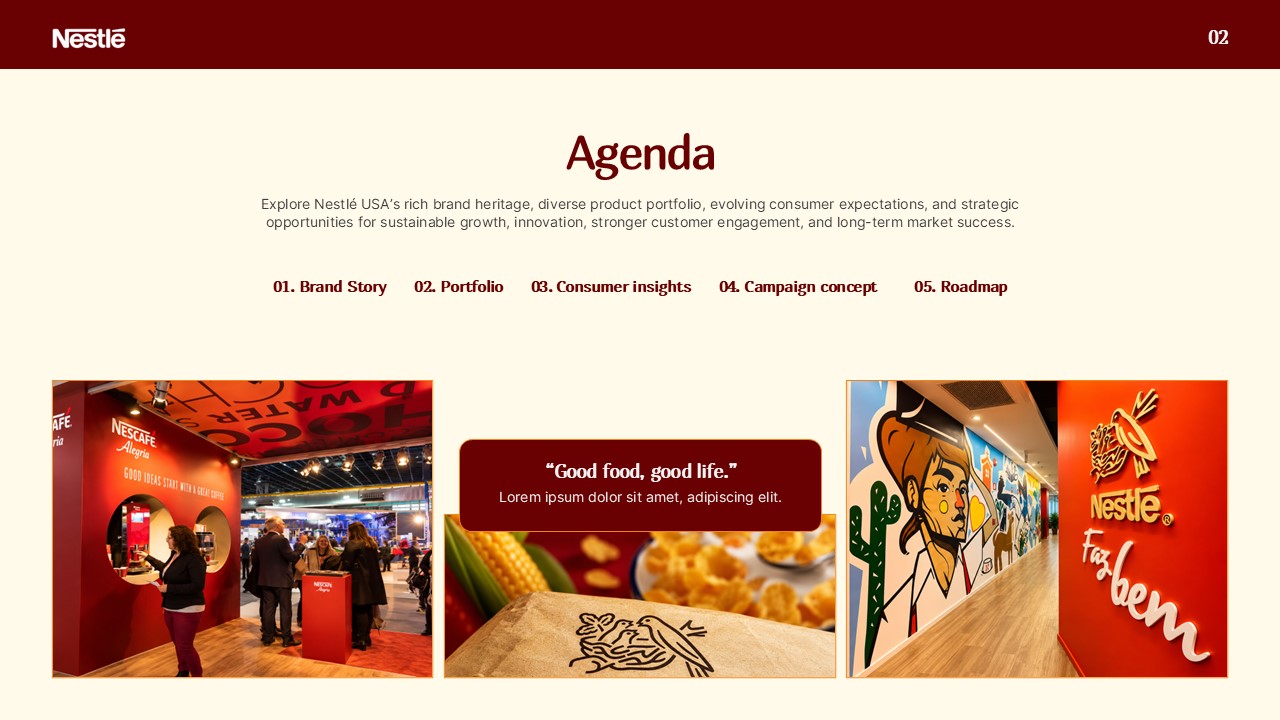 Nestle USA Brand Agenda Template - Table of contents slide with cream background and editorial photo collage