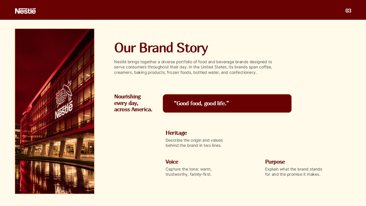 Nestle USA Brand Story Template - Two-column slide with heritage, voice, and purpose brand pillars