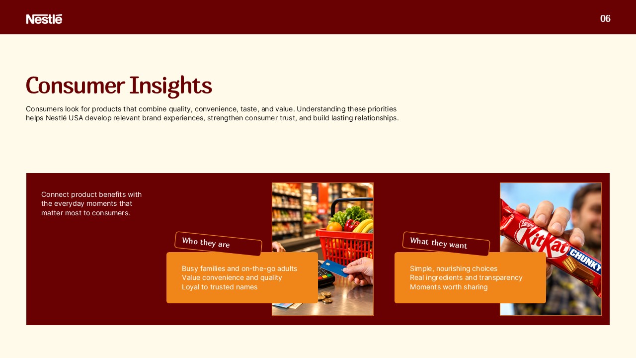 Nestle USA Consumer Insights Template - Split slide with audience persona cards on dark burgundy panel