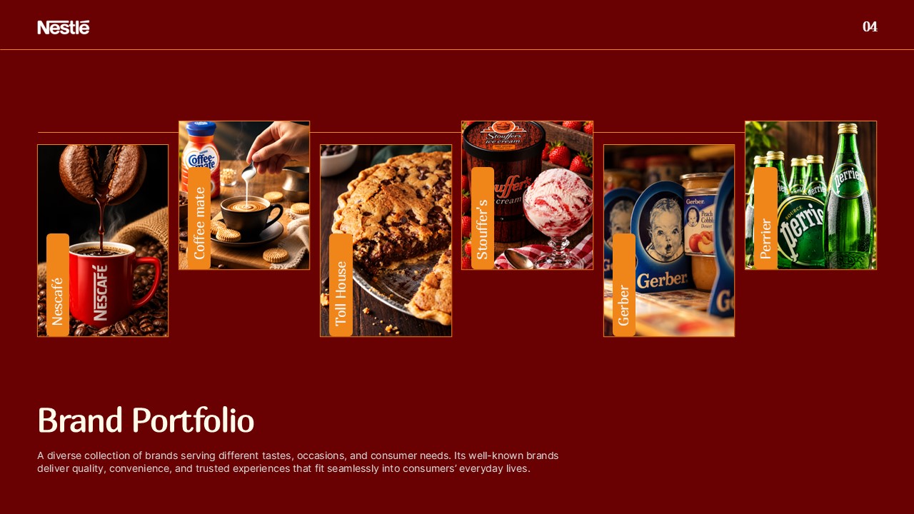 Nestle USA Brand Portfolio Template - Dark burgundy gallery slide showcasing Nescafé, Gerber, and Stouffer's
