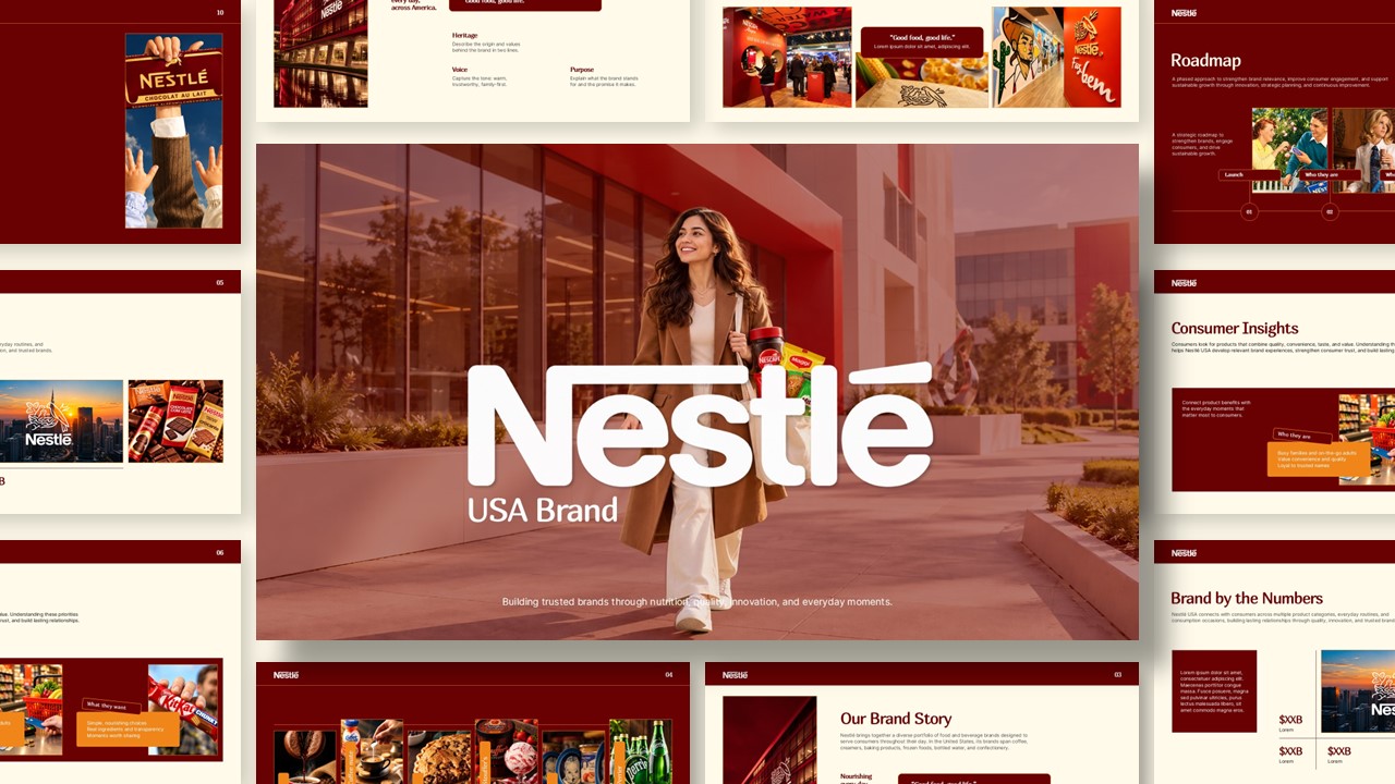 Nestle USA Brand Template - Hero cover slide with red-tinted lifestyle photo and bold white typography