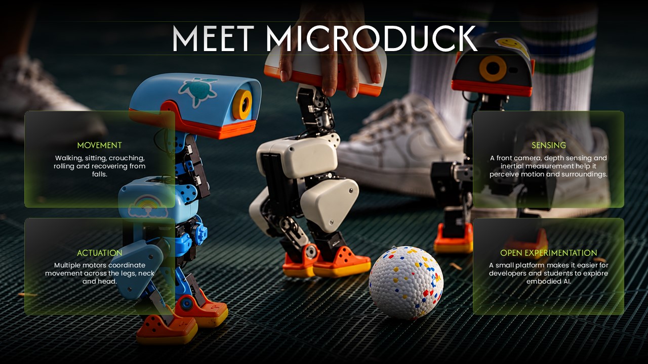 Nvidia Roboducks Template - Product feature slide to showcase Microduck's key capabilities