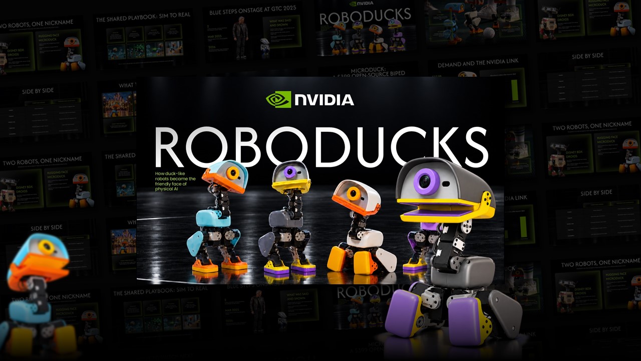 Nvidia Roboducks Template - Cover slide to introduce your AI robotics presentation with bold visuals