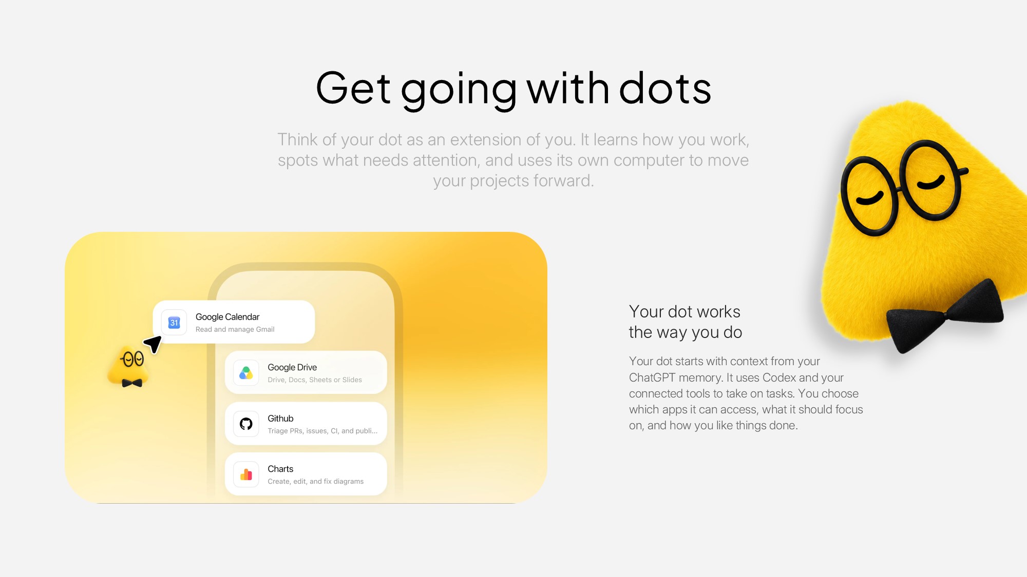 OpenAI Dots Task Management Template - Coral UI mockup with active and past task lists beside bold autonomous agent copy