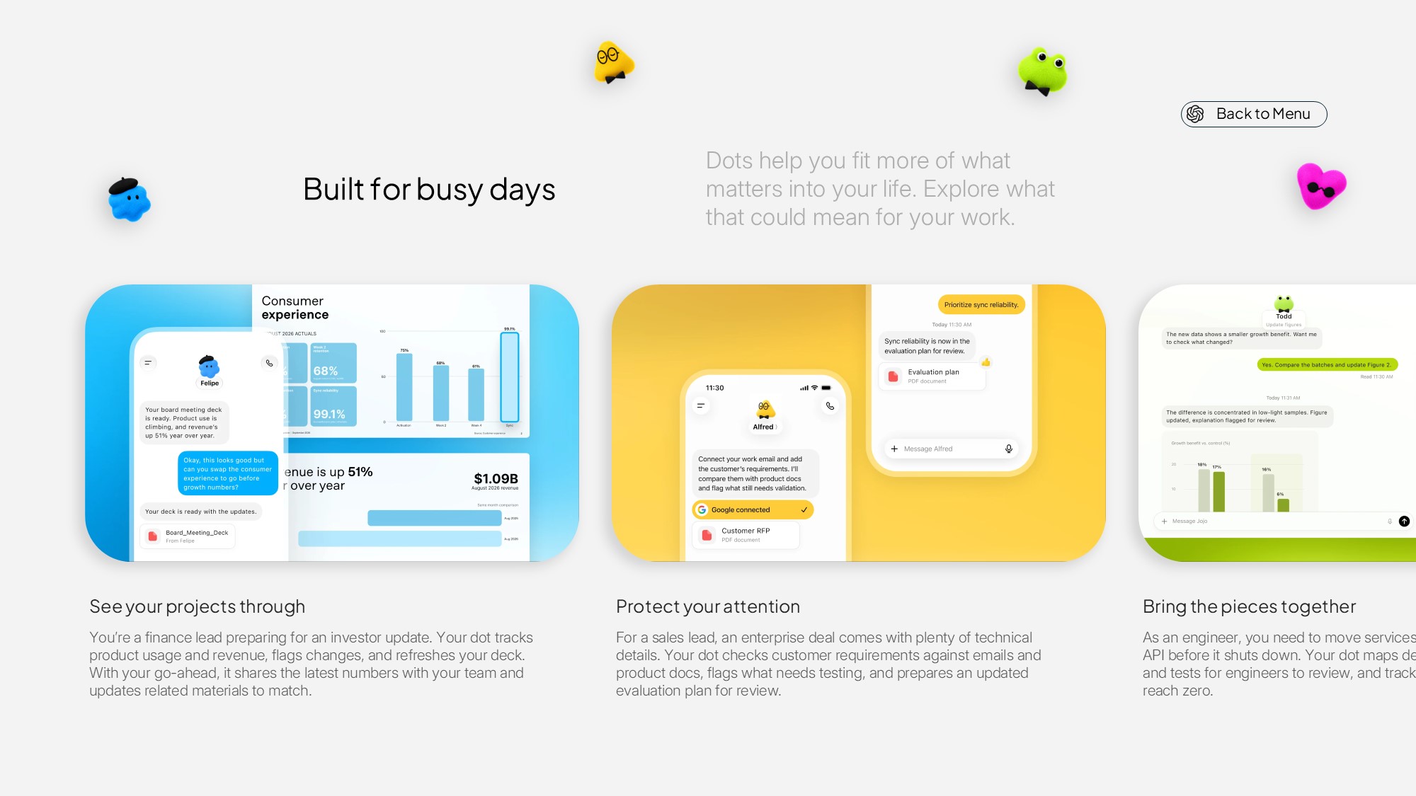 OpenAI Dots Availability Template - Centered frosted card with rollout details flanked by four corner mascots mirroring the title slide