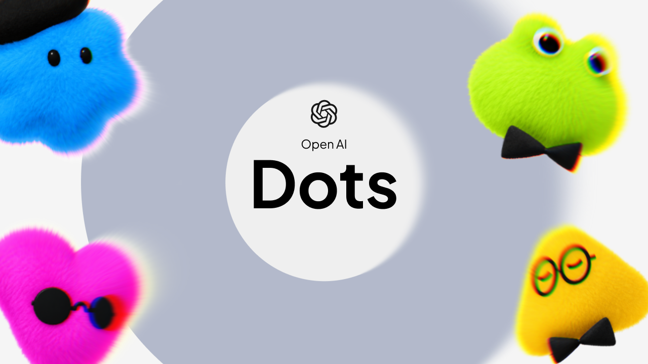 OpenAI Dots Template - Playful cover card with four vibrant 3D mascots surrounding a central branded circle