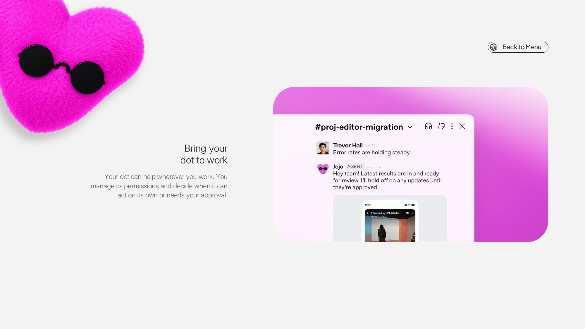 OpenAI Dots Use Cases Template - Three color-coded UI cards showcase finance, sales, and engineering agent scenarios side by side
