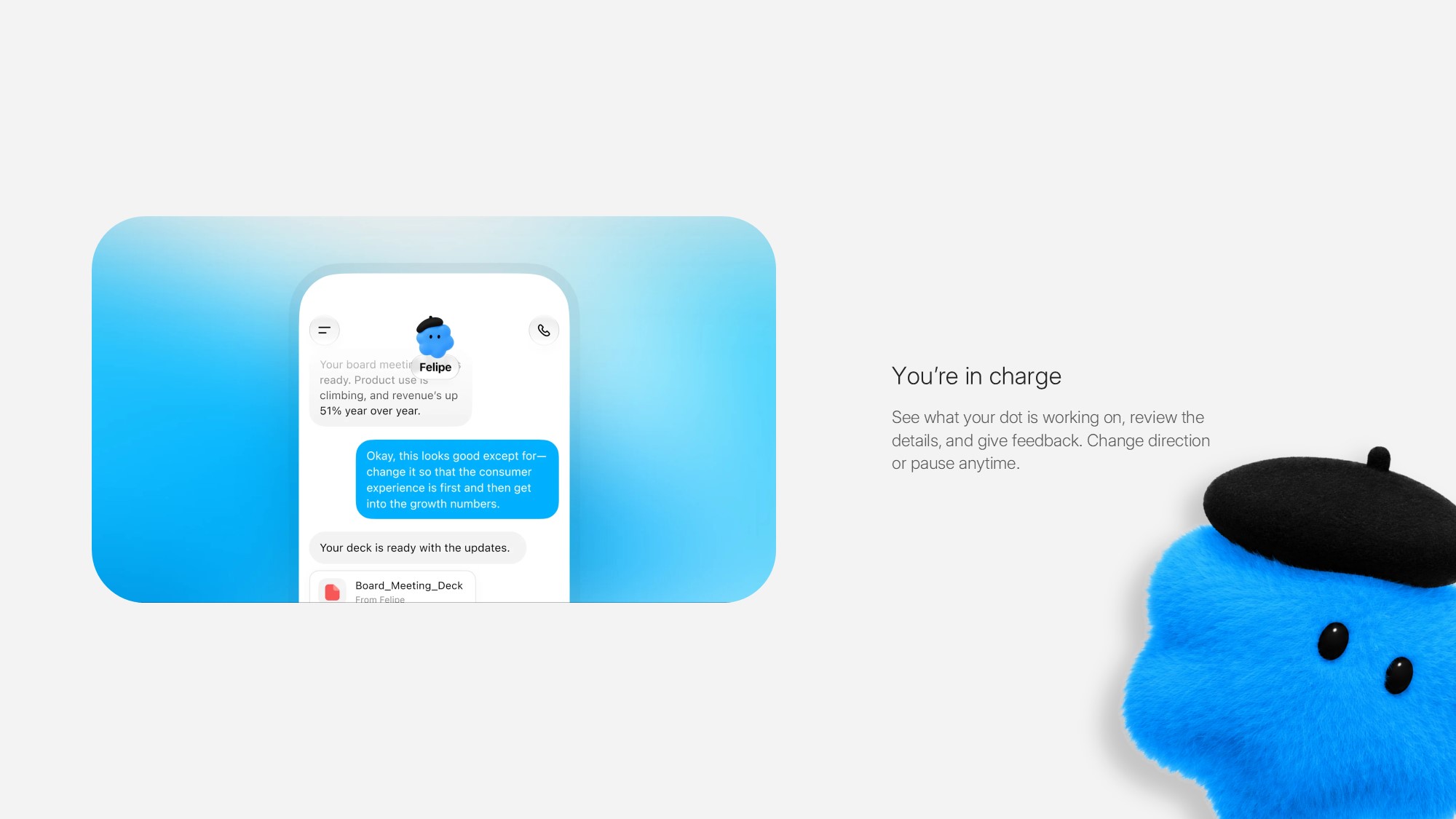 OpenAI Dots Workplace Integration Template - Purple Slack-style channel mockup with Jojo agent posting team updates