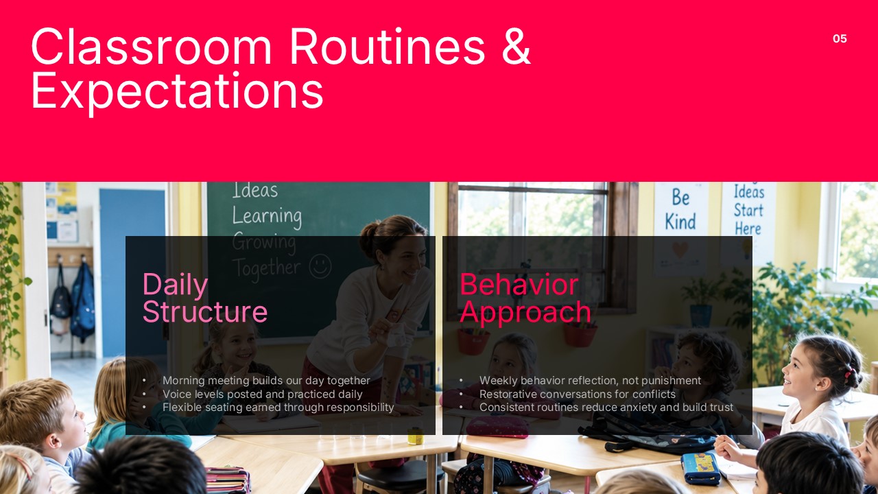 Parent Teacher Conference Template - routines slide with two overlay panels on full-bleed classroom photography