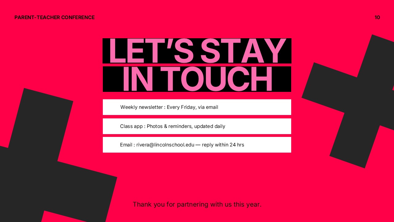 Parent Teacher Conference Template - closing contact slide with 3 white info bars on crimson background
