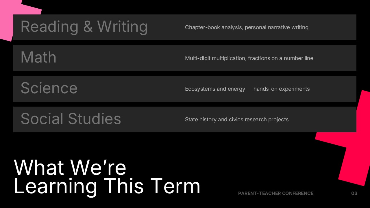 Parent Teacher Conference Template - dark curriculum slide with 4 horizontal subject banner rows and bold white title
