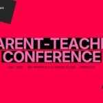 Parent Teacher Conference Template - crimson title slide with bold pink headline text and black banner strips