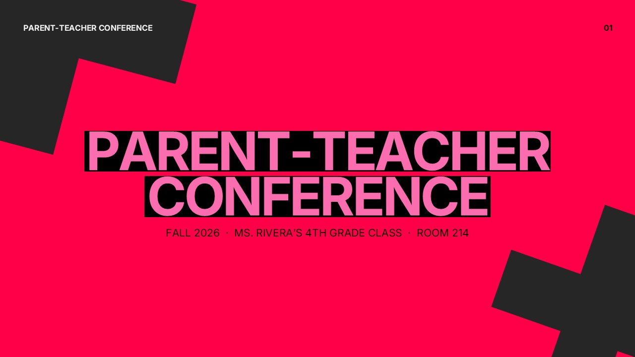 Parent Teacher Conference Template - crimson title slide with bold pink headline text and black banner strips