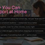 Parent Teacher Conference Template - home support slide with 5 bullet tips over family reading photography