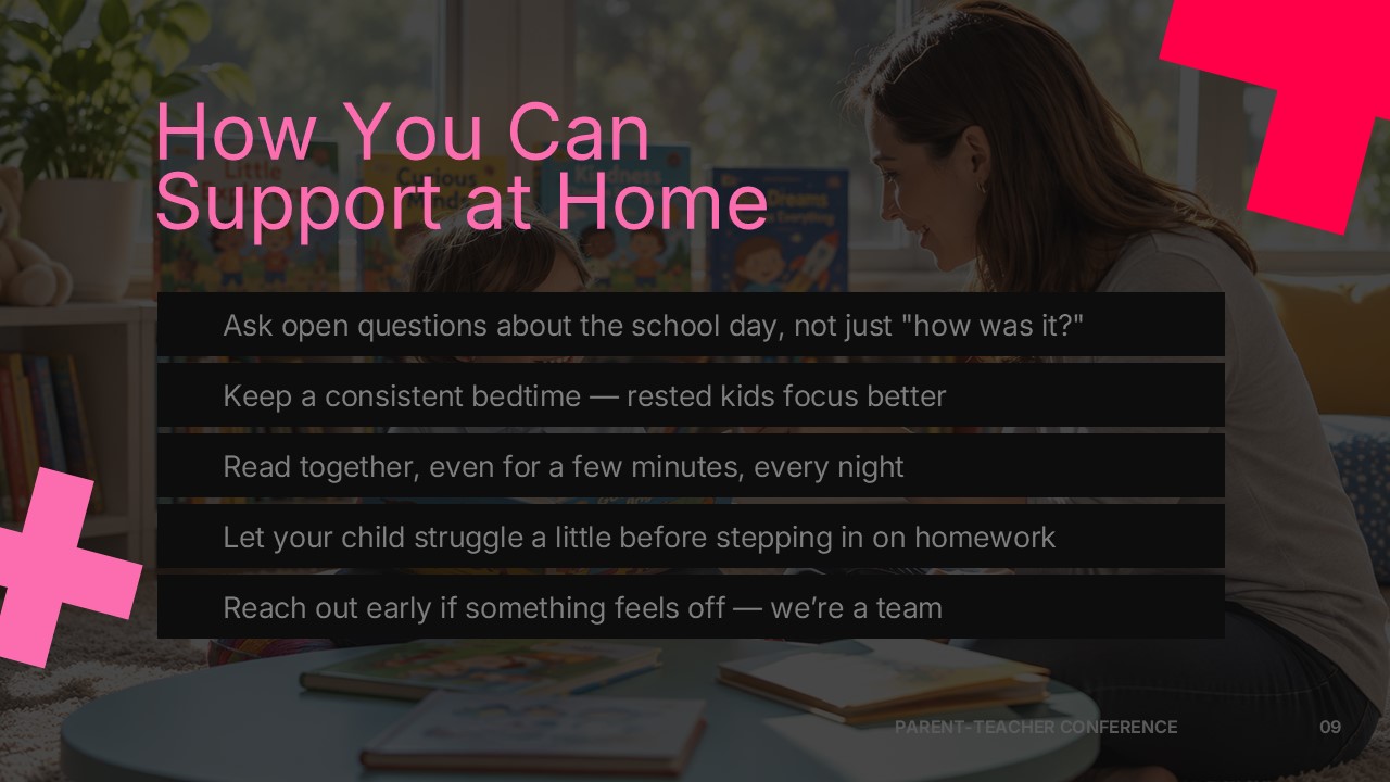 Parent Teacher Conference Template - home support slide with 5 bullet tips over family reading photography