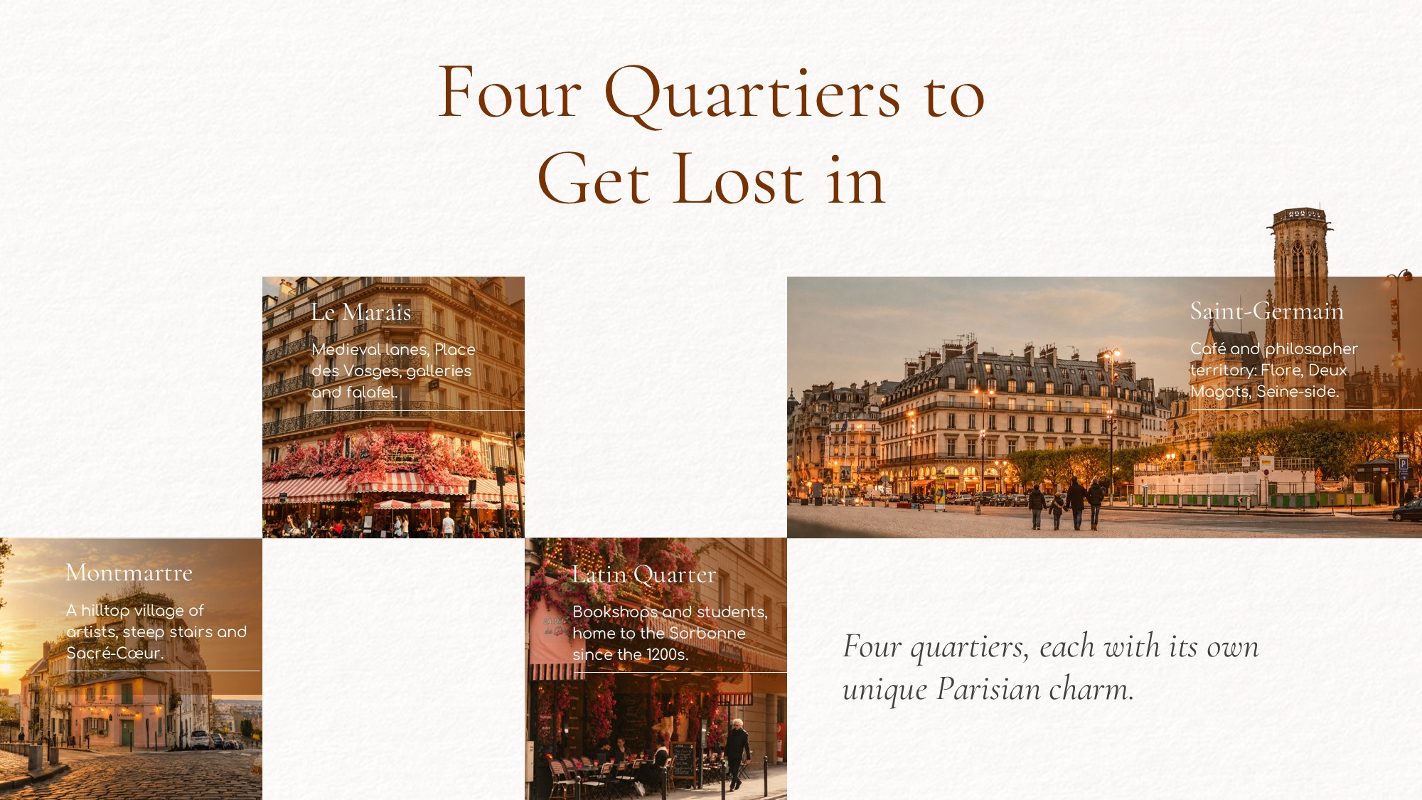 Paris Template - Four-panel food culture grid with boulangerie, fromage, café, and pâtisserie photos