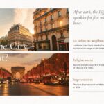 Paris Template - Lifestyle slide with serif title, prose text block, and three warm editorial photos