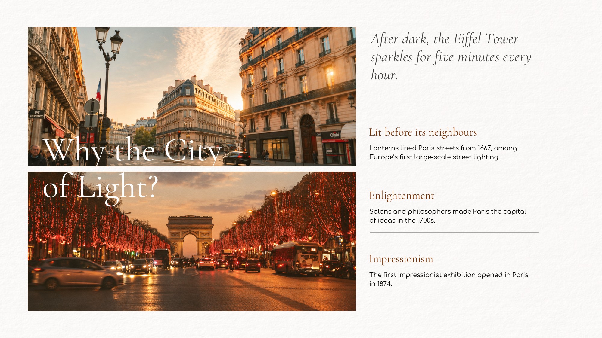 Paris Template - Lifestyle slide with serif title, prose text block, and three warm editorial photos