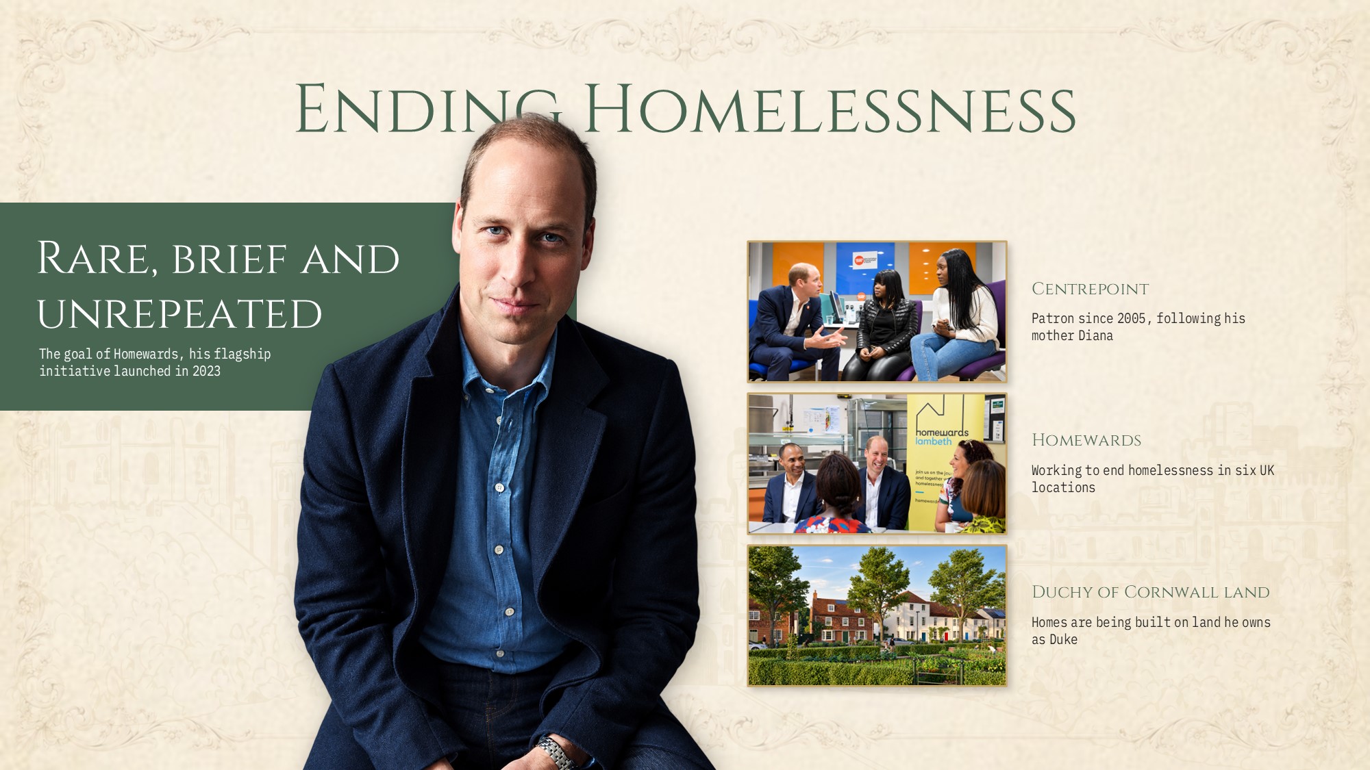 Prince William Looking Ahead Slide - dark editorial layout with body text upper-left and 3 horizontal initiative preview photo cards at bottom