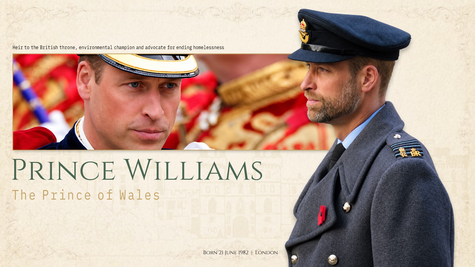Prince William Google Slides Template - staggered photo timeline with 5 milestone cards and large portrait cutout on right
