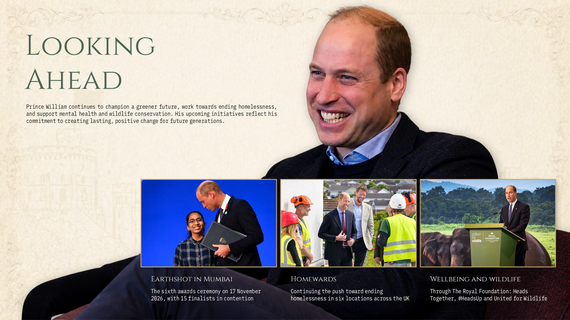 Prince William Future Outlook Template - three initiative photo cards with green captions on dark editorial background slide