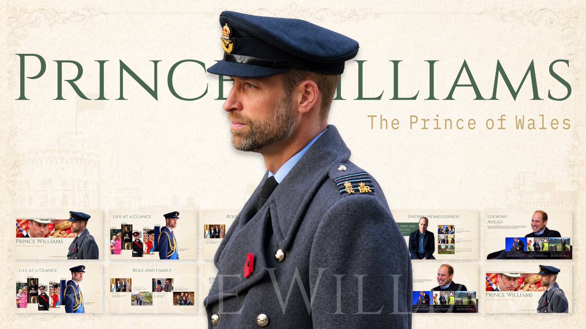 Prince William PowerPoint Template - royal biography cover slide with portrait cutout, title, tagline, and birth info footer