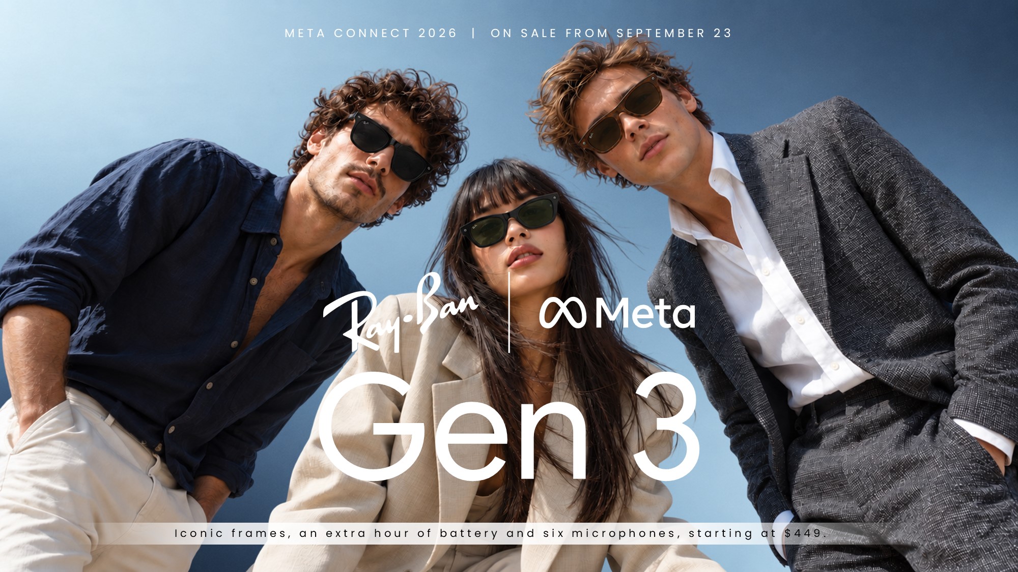 Ray-Ban Meta Gen 3 Google Slides Template - specs overview with four stat callouts surrounding a fashion model