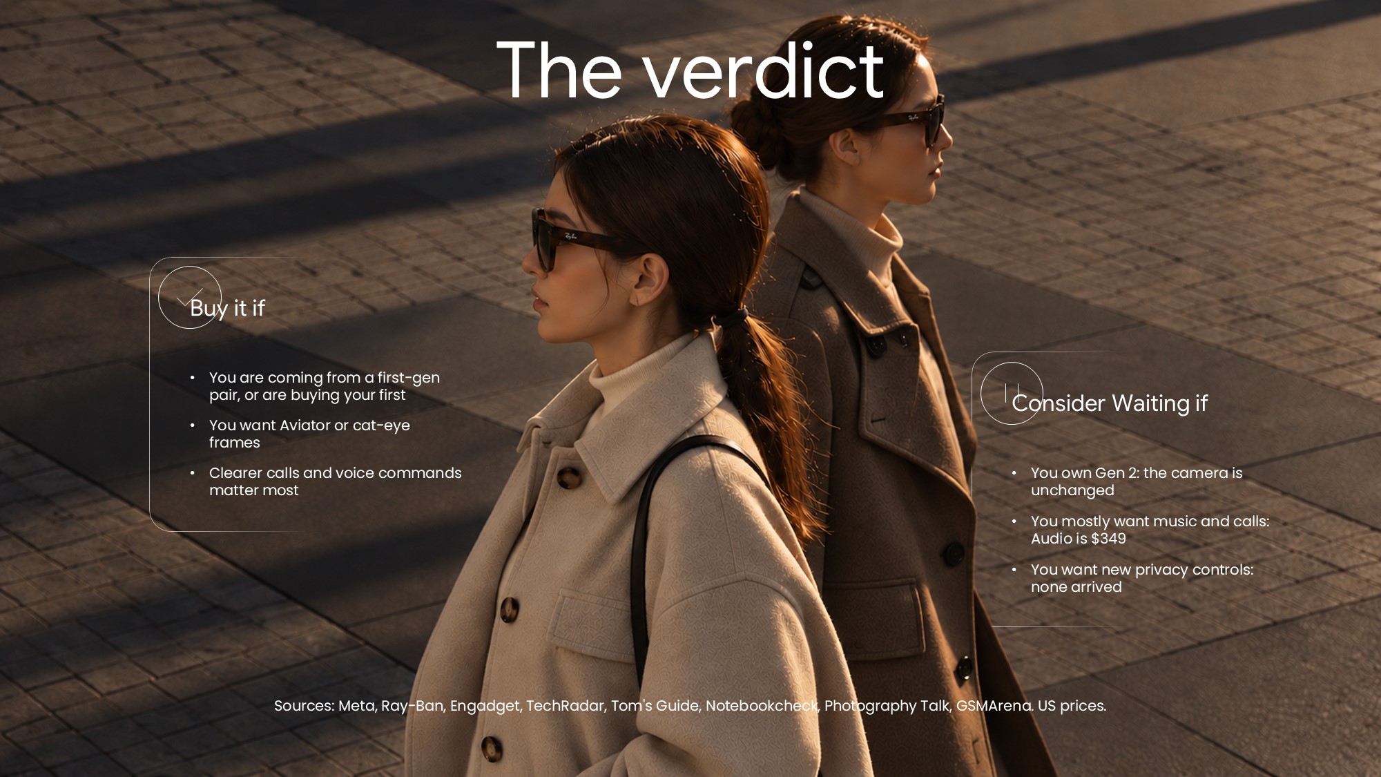 Ray-Ban Meta Gen 3 Verdict Template - cinematic closing slide with buy vs wait recommendation panels