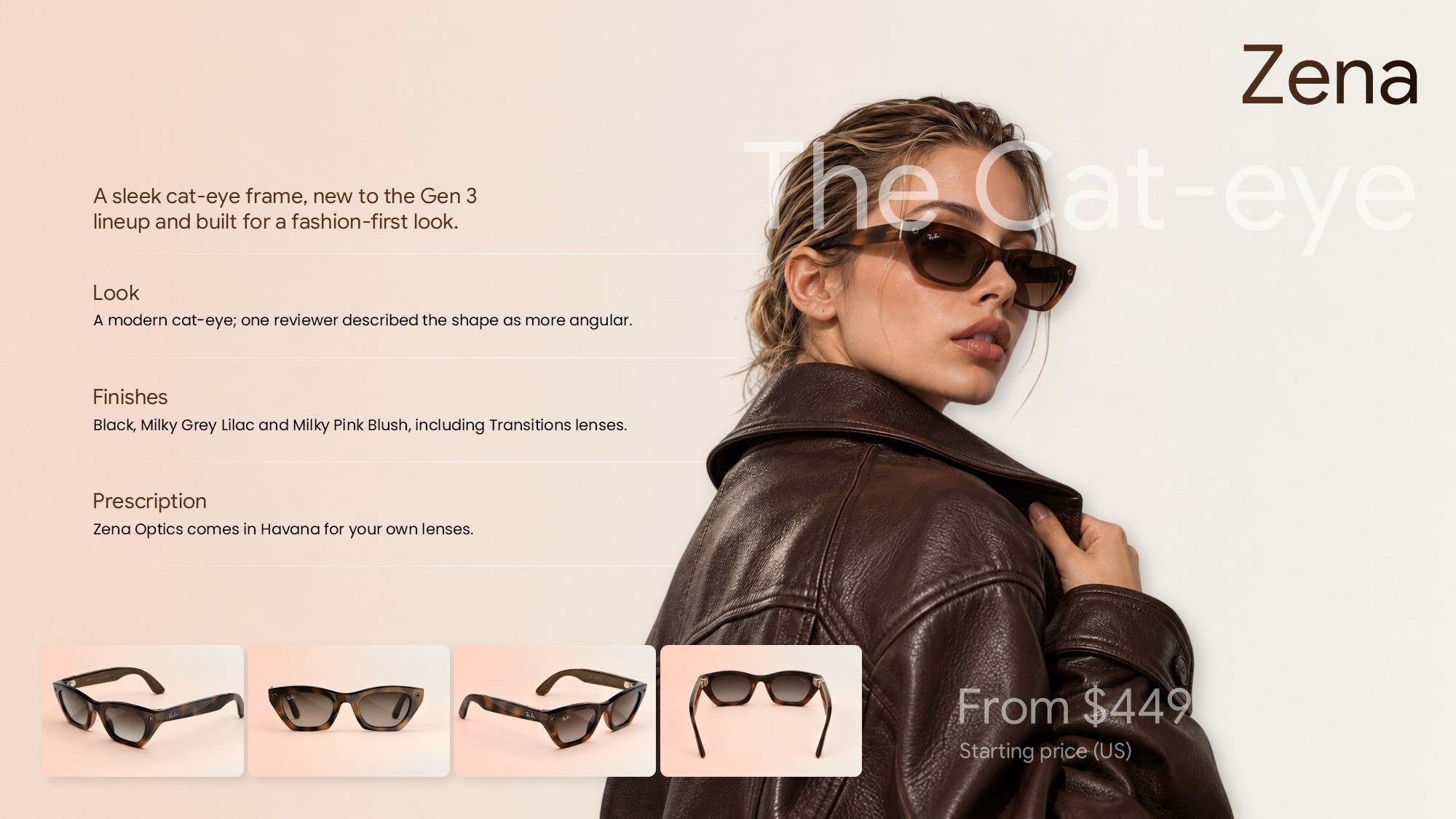 Ray-Ban Meta Gen 3 Zena Cat-Eye Template - alternating product profile slide with model photo and style details