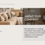 Real Estate Portfolio Overview - About Our Company slide with stats, dual interior photos, and company description panel