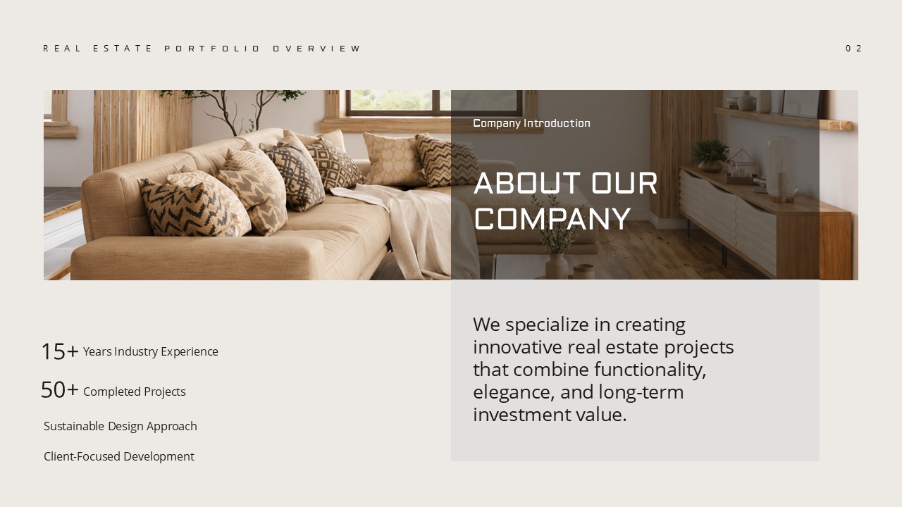 Real Estate Portfolio Overview - About Our Company slide with stats, dual interior photos, and company description panel
