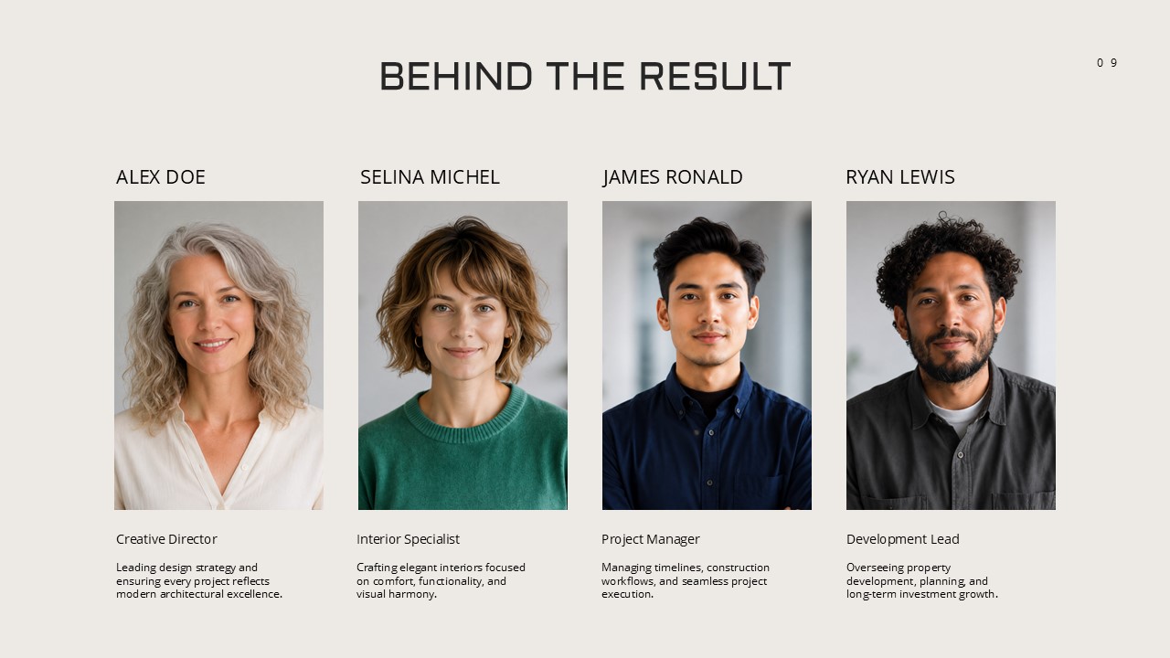 Real Estate Portfolio Overview - Behind the Result team slide with four portrait columns and role descriptions