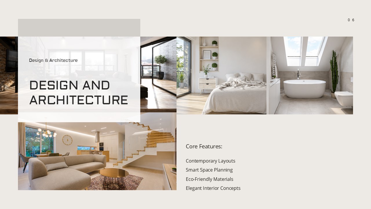 Real Estate Portfolio Overview - Design and Architecture slide with three interior photos and core features list
