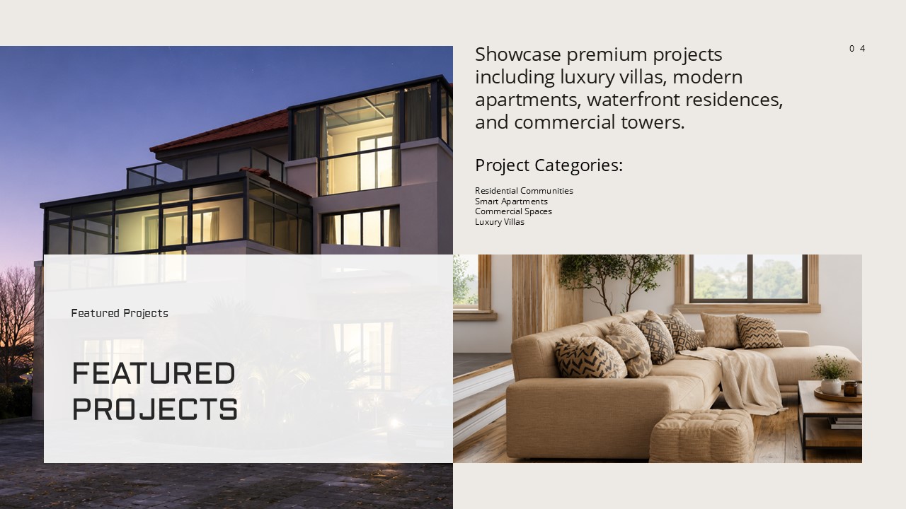 Real Estate Portfolio Overview - Featured Projects slide with stacked property photos and project category list