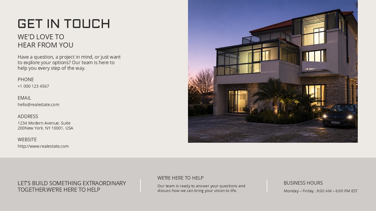 Real Estate Portfolio Overview - Get In Touch contact slide with contact details, dusk home photo, and footer bar