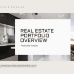 Real Estate Portfolio Overview Template - cover slide with split kitchen and building exterior photo and title text box