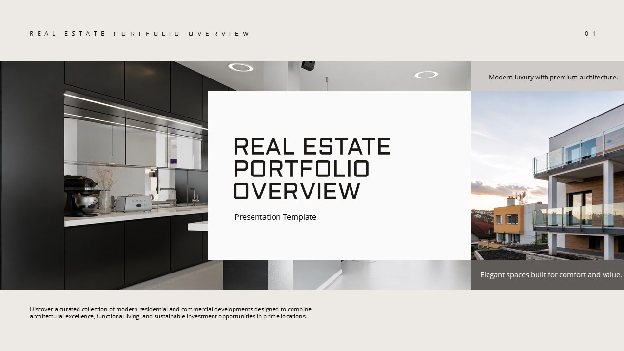 Real Estate Portfolio Overview Template - cover slide with split kitchen and building exterior photo and title text box