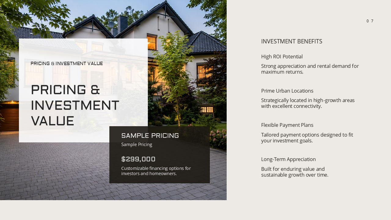 Real Estate Portfolio Overview - Pricing and Investment Value slide with $299K pricing box and four benefit blocks