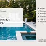 Real Estate Portfolio Overview - Project Development Approach slide with pool villa photo and 6-step bullet list