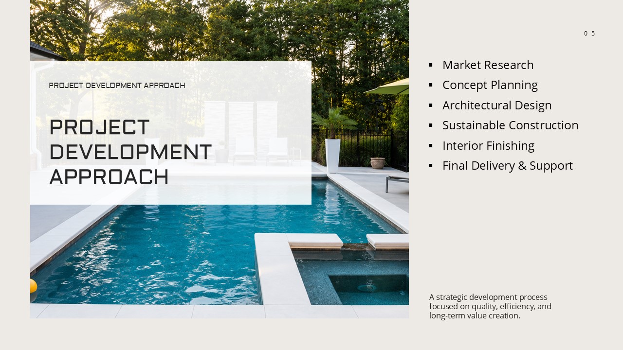 Real Estate Portfolio Overview - Project Development Approach slide with pool villa photo and 6-step bullet list
