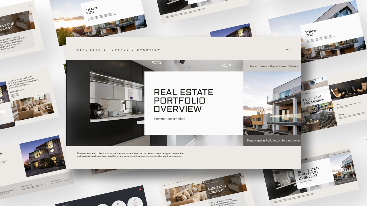 Real Estate Portfolio Overview Template - multi-slide preview with luxury interior and exterior photography