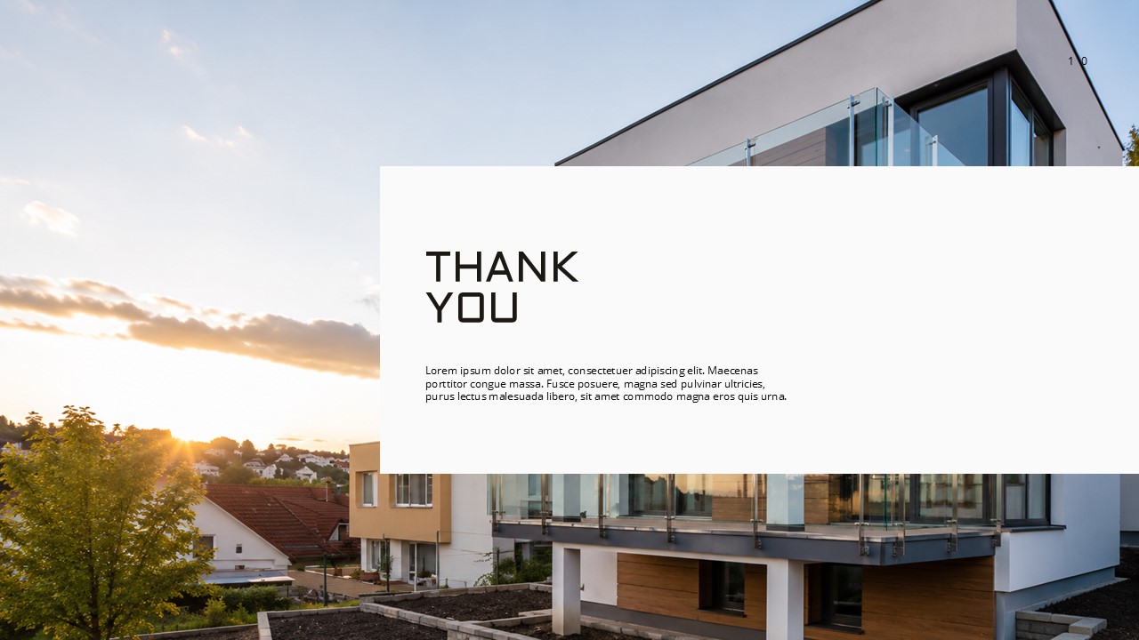 Real Estate Portfolio Overview - Thank You closing slide with full-bleed building exterior and centered white text panel