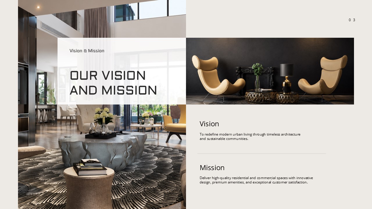Real Estate Portfolio Overview - Vision and Mission slide with full-height interior photo and dual text blocks